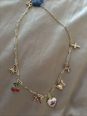 Gold-Tone Charm Necklace with Heart Floral Pendant and Enamel Cherry